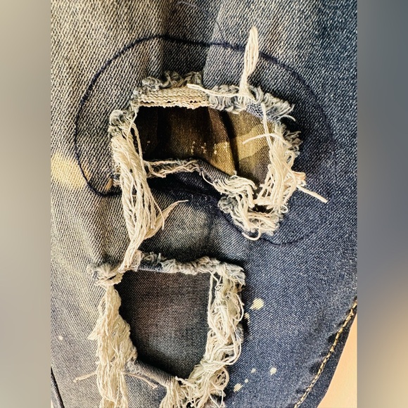 M.Society Mens Skinny Medium Wash Paint Splattered Distressed Camo Patched 36x32 - Picture 6 of 11